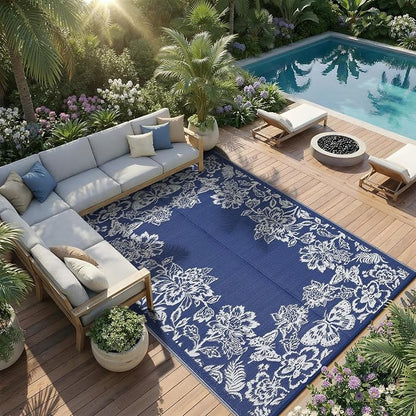 Garvee 5’x8’ Waterproof Patio Outdoor Rug, Outdoor Plastic Straw Rug for Camping, RV Mat Outside, Indoor Outdoor Carpet for Porch, Deck, Backyard, Balcony, Picnic, Navy & White