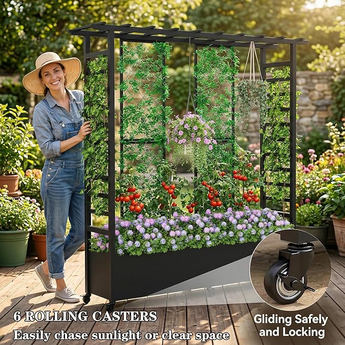 74" Mobile Planter with Trellis,Weatherproof Vertical Raise Garden Bed with Trellis & Hanging Roof for Climbing Plants,Flowers,Vegetables,Rust-Proof Metal Privacy Planter for Patio (Black-B)