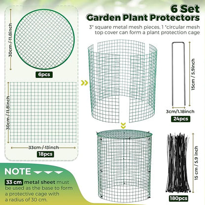 6 Pack Garden Plant Protectors from Animals with Stakes, Metal Mesh and Detachable Covers Wire Plant Cage for Keeping Bunny Animals Out, Chicken Wire Cover Garden Protect (12 * 13 in)