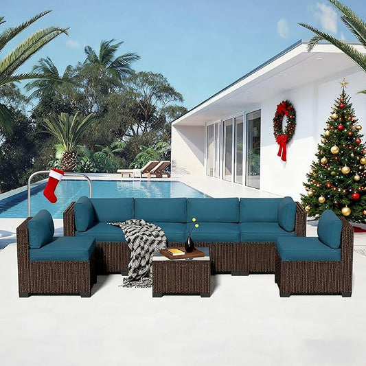 7-Piece Outdoor Sectional Patio Furniture Set, All-Weather Wicker Rattan Sofa w/Thick Washable Cushions & Tempered Glass Table, Perfect for Garden, Poolside, Backyard (7, Brown&Peacock Blue)