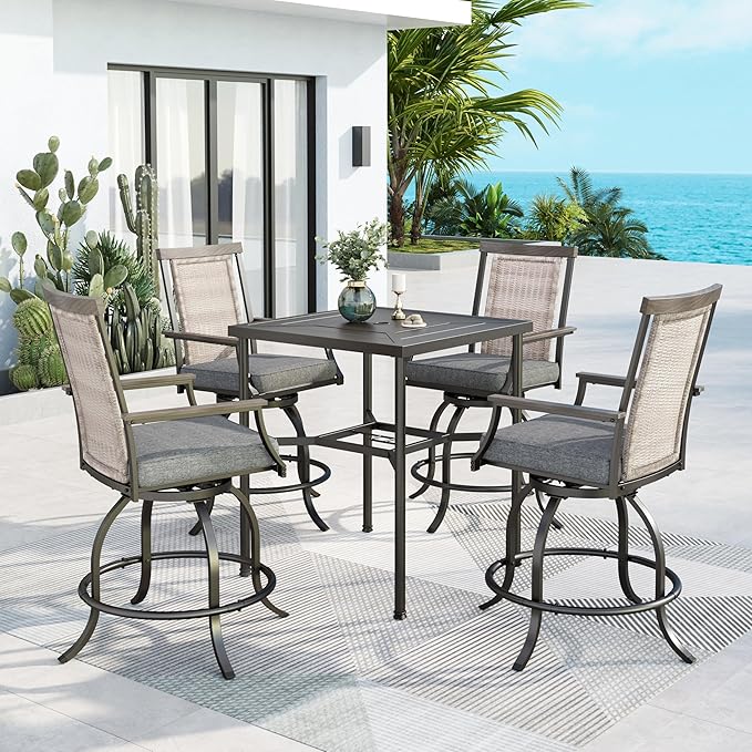 MFSTUDIO Outdoor Bar Set of 5 with 4 Swivel Rattan Backrest Metal Patio Bar Stool and 1 Square Metal Table, All Weather Resistant Patio Table and Chair Set
