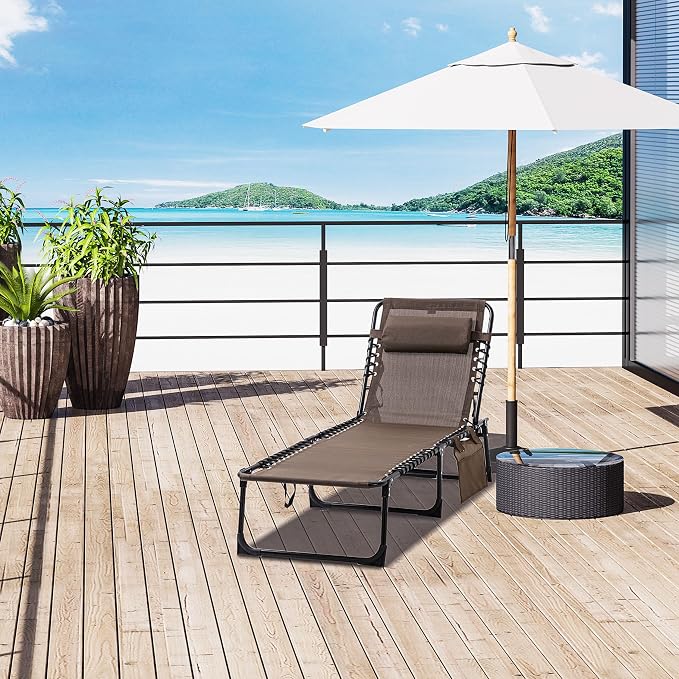 Outdoor Lounge Chair, Tanning Chair with Sunshade Roof, Adjustable Backrest Folding Chaise Lounge with Pillow Headrest for Outside, Beach, Camping, Hiking (No Sunshade Roof, Brown)