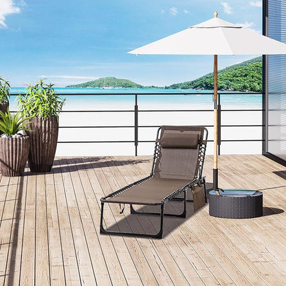 Outdoor Lounge Chair, Tanning Chair with Sunshade Roof, Adjustable Backrest Folding Chaise Lounge with Pillow Headrest for Outside, Beach, Camping, Hiking (No Sunshade Roof, Brown)