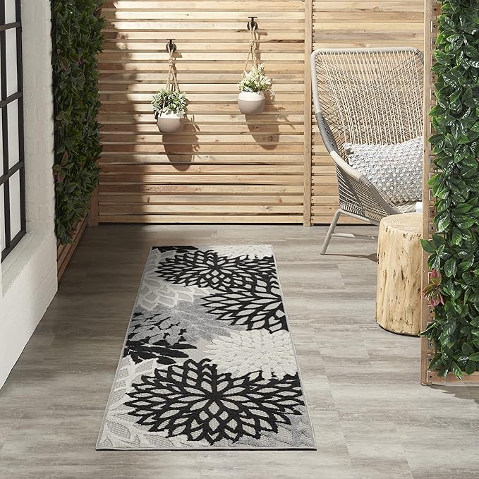 Nourison Aloha Indoor/Outdoor Black White 2'3'' x 8' Area-Rug, Tropical, Botanical, Easy-Cleaning, Non Shedding, Bed Room, Living Room, Dining Room, Deck, Backyard, Patio (2x8)