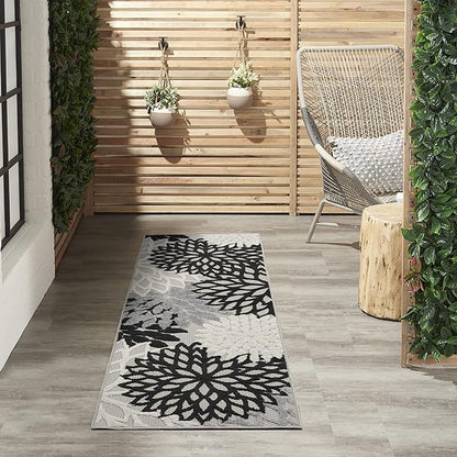 Nourison Aloha Indoor/Outdoor Black White 2'3'' x 8' Area-Rug, Tropical, Botanical, Easy-Cleaning, Non Shedding, Bed Room, Living Room, Dining Room, Deck, Backyard, Patio (2x8)
