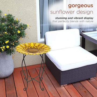 Alpine Corporation 19" H Outdoor Metal Birdbath w/Stylish Stand, Embossed Sunflower Birdbath Bowl and Stand Set, Yellow