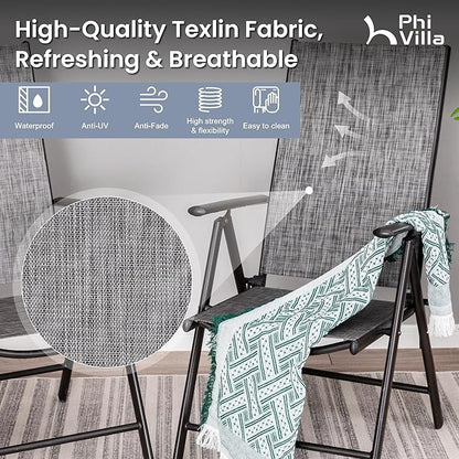 PHI VILLA Outdoor Patio Dining Set with Umbrella (No Base), Patio Table and Chairs Set for 4 with Adjustable Folding Patio Chairs Grey & Metal Square Dining Table