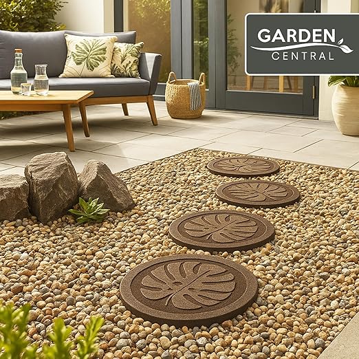 TierraVerde 4-Pack 18”x18” Fake Tropical Leaf Rubber Stepping Stones, Round, Brown – Reversible Non-Slip Outdoor Faux Decorative Set for Landscaping – DIY Decor for Walkways & Yard Pathways