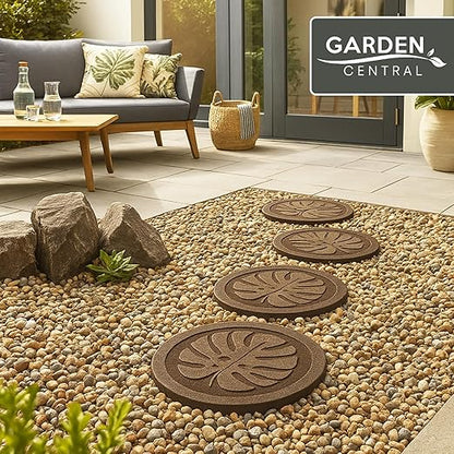 TierraVerde 4-Pack 18”x18” Fake Tropical Leaf Rubber Stepping Stones, Round, Brown – Reversible Non-Slip Outdoor Faux Decorative Set for Landscaping – DIY Decor for Walkways & Yard Pathways
