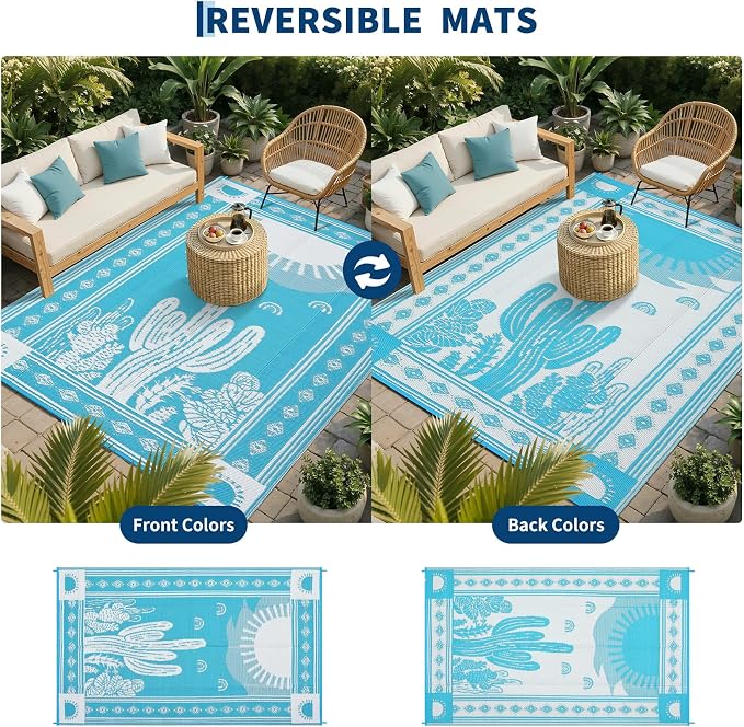 Garvee Reversible Teal Blue Outdoor Rug 8x10 for Patio, Waterproof Outdoor Area Rug, Modern Desert Botanical Indoor Outdoor Rugs, Plastic Straw Rug for RV, Camping, Deck, Cactus