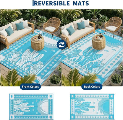 Garvee Reversible Teal Blue Outdoor Rug 8x10 for Patio, Waterproof Outdoor Area Rug, Modern Desert Botanical Indoor Outdoor Rugs, Plastic Straw Rug for RV, Camping, Deck, Cactus
