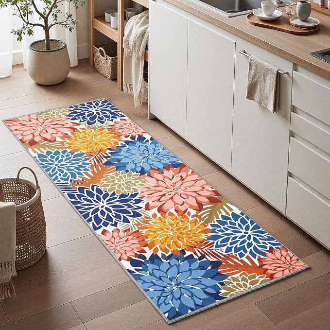 Colorful 2x6 Washable Runner Rug for Hallway Tropical Botanical Modern Floral Chenille Kitchen Rugs Low Pile Non Slip Carpet for Patio, Bedroom, Laundry, Vivid Dahlia