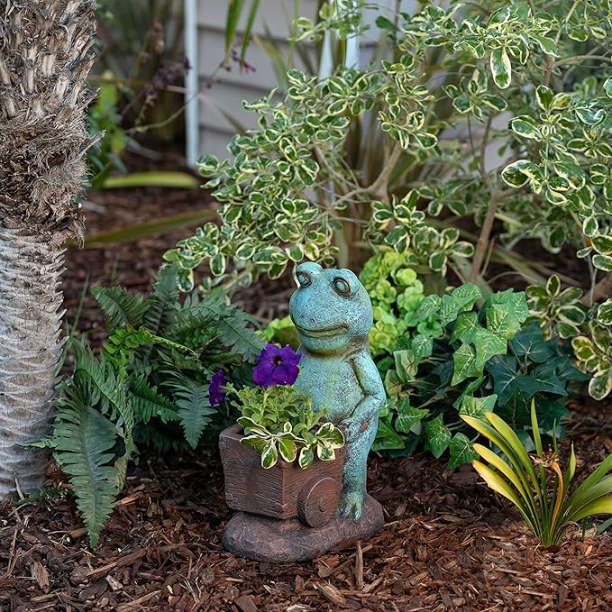 Alpine Corporation ZEN716 Outdoor Frog Pushing Wagon Planter, Garden Statue Decoration, 15" Tall, Green