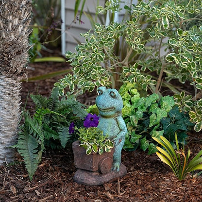 Alpine Corporation ZEN716 Outdoor Frog Pushing Wagon Planter, Garden Statue Decoration, 15" Tall, Green