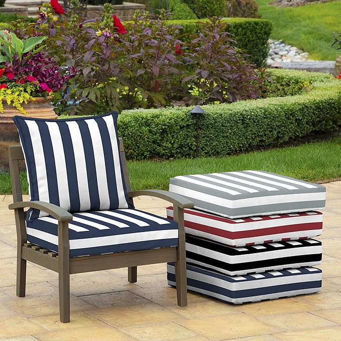 Arden Outdoor Deep Seat Cushion Set (2-Pack), 24 in x 24 in, Weather-Proof, Rain-Proof, Fade Resistant Patio Cushion for Chair, Sofa, and Couch Sapphire Blue Cabana Stripe