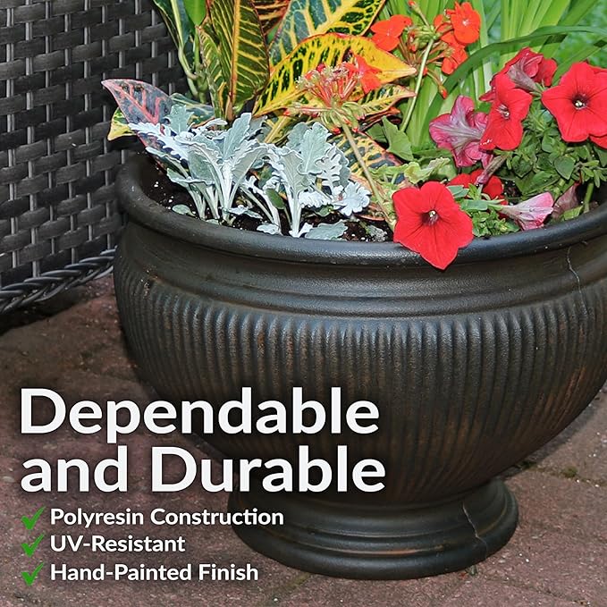 Sunnydaze Elizabeth 15" Double-Walled Polyresin Outdoor Ribbed Urn Planter - UV-Resistant Rust Finish