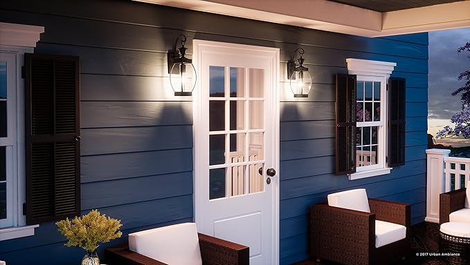 Urban Ambiance Luxury Colonial Outdoor Wall Light, Medium Size: 17" H x 5.5" W, with Transitional Style Elements, Bowed Design, Gorgeous Dark Medieval Bronze Finish and Beveled Glass, UQL1170