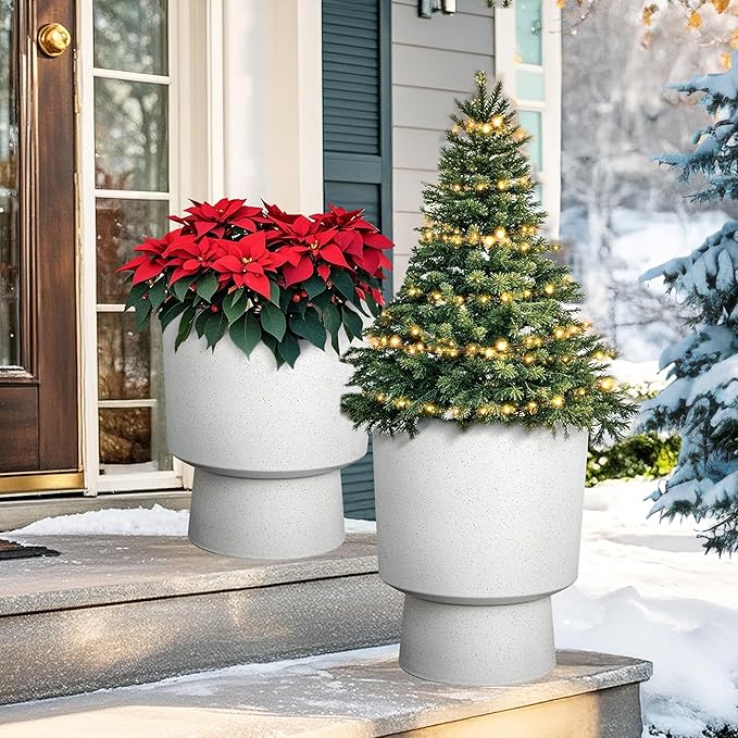 16.75"H Urn-Style Tall Planters, 2-Pack Modern Large Flower Pots for Outdoor Indoor, 2-in-1 Design Plant Containers for Garden Patio Yard Balcony Porch or Home Decor, White Terrazzo, UV-Protect
