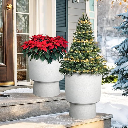 16.75"H Urn-Style Tall Planters, 2-Pack Modern Large Flower Pots for Outdoor Indoor, 2-in-1 Design Plant Containers for Garden Patio Yard Balcony Porch or Home Decor, White Terrazzo, UV-Protect