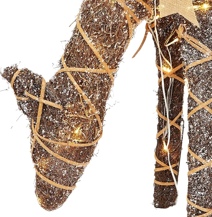 Alpine Corporation 29" Tall Natural Twig Wrapped Rattan Grazing Deer with Warm White LED Lights, Indoor/Outdoor Rustic Holiday Decoration, Brown