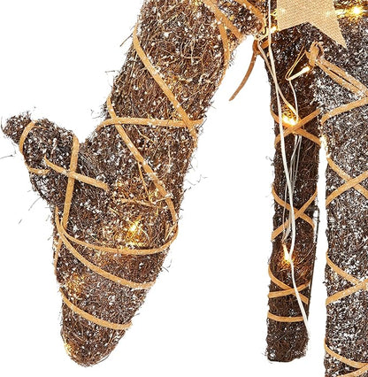 Alpine Corporation 29" Tall Natural Twig Wrapped Rattan Grazing Deer with Warm White LED Lights, Indoor/Outdoor Rustic Holiday Decoration, Brown