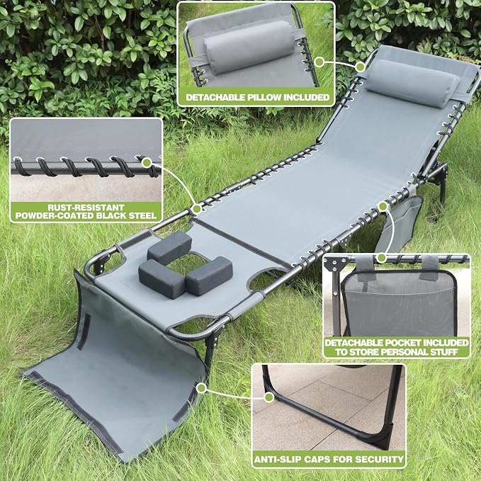 MUPATER Tanning Chair with Face Hole, Patio Chaise Lounge Chair with 5-Position Adjustable Backrest, Removable Pillow & Pocket, Folding Lounger Recliner for Beach, and Pool Sunbathing, Gray
