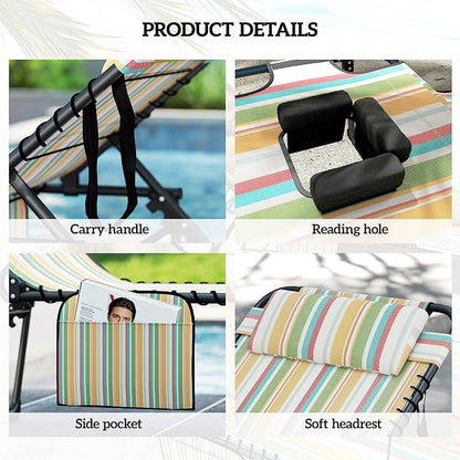 Outsunny 2 Piece Folding Chaise Lounge with 5-Level Reclining Back, Tanning Chair with Face Hole, Outdoor Lounge Chair with Side Pocket & Headrest for Beach, Yard, Patio, Rainbow Striped