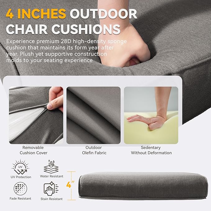 Patio Cushions for Outdoor Furniture - 22" x 25" x 4" UV Resistant Thick Foam Cushions Water Resistant Replacement Cushion for Outdoor Patio Furniture Chair/Sofa/Couch | Grey | 6-Pack |