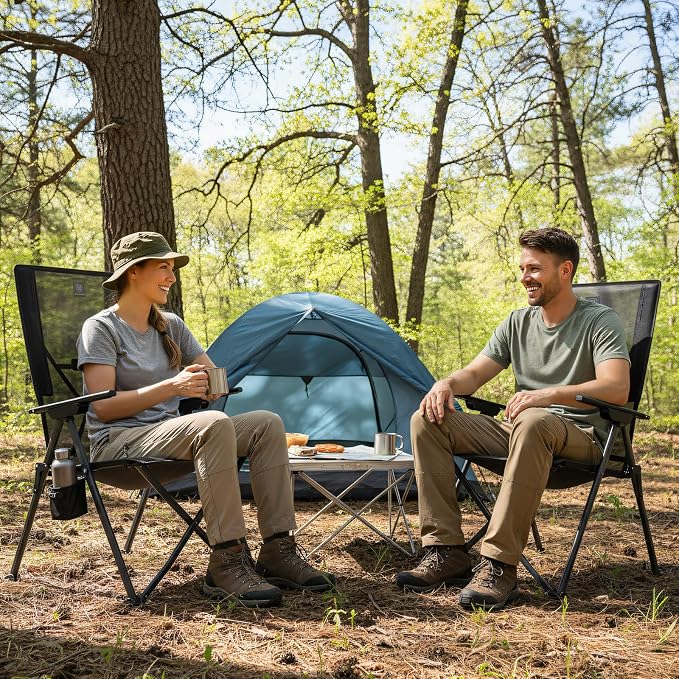 EVER ADVANCED Reclining Camping Chairs for Adult Lightweight, Portable Compact Folding Chair with High Back, 4-Level Recliner Chairs, Lawn Chair for Patio Balcony, Supports 300lbs Textilene Mesh Black