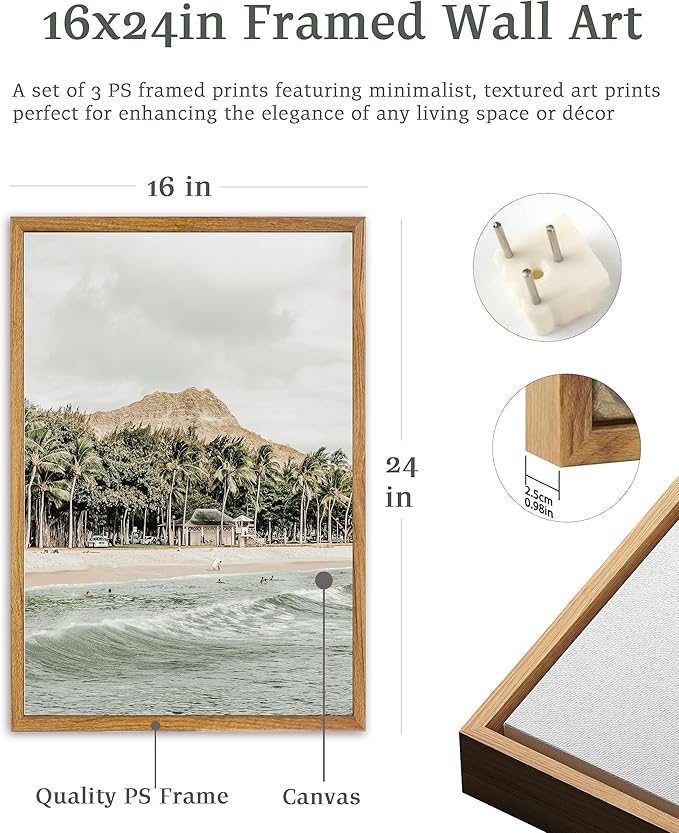 UPWOIGH Large Framed Canvas Wall Art, Set of 3 Hawaiian Surf Decor, Island Beach Photography Prints, 16x24 in Natural Cotton, Minimalist Coastal Travel Art for Living Room, Dining Room, Office, Gifts