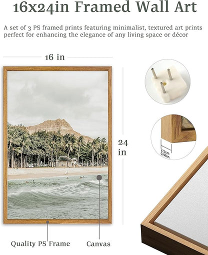 UPWOIGH Large Framed Canvas Wall Art, Set of 3 Hawaiian Surf Decor, Island Beach Photography Prints, 16x24 in Natural Cotton, Minimalist Coastal Travel Art for Living Room, Dining Room, Office, Gifts