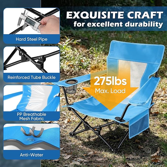 HaSteeL Low Beach Chair Set of 2, Foldable Blue Camping Chair with Adjustable Umbrella Set for Adults, Lightweight Portable Lawn Chairs for Fishing, Picnic, Outdoor BBQ, Travel, Sports