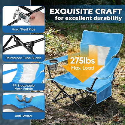 HaSteeL Low Beach Chair Set of 2, Foldable Blue Camping Chair with Adjustable Umbrella Set for Adults, Lightweight Portable Lawn Chairs for Fishing, Picnic, Outdoor BBQ, Travel, Sports