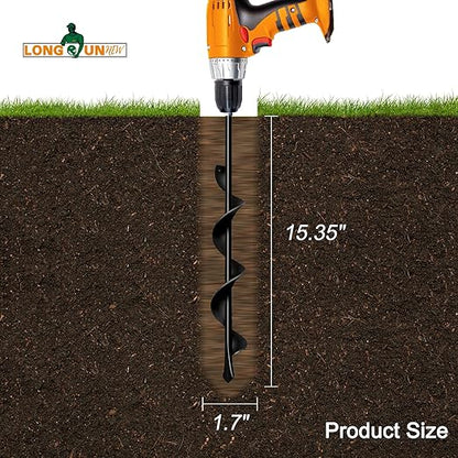 1.7"x15" Garden Auger Drill Bit for Planting Solid Shaft Bulb Auger, Heavy Duty Garden Spiral Drill Bit for Auger Post Hole Digger, 3/8” Hex Drive Drill