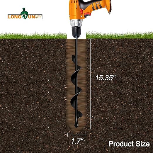1.7"x15" Garden Auger Drill Bit for Planting Solid Shaft Bulb Auger, Heavy Duty Garden Spiral Drill Bit for Auger Post Hole Digger, 3/8” Hex Drive Drill