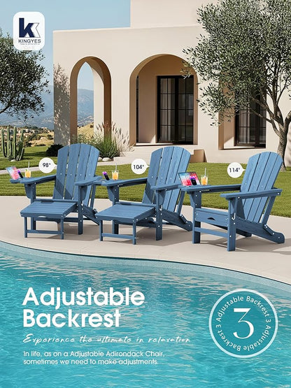 KINGYES Adjustable Folding Adirondack Chair with Footrest & 4-in-1 Multi-Functional Armrest Organizer, HDPE Foldable Reclining Adirondack Chair with Pull-Out Ottoman, Blue