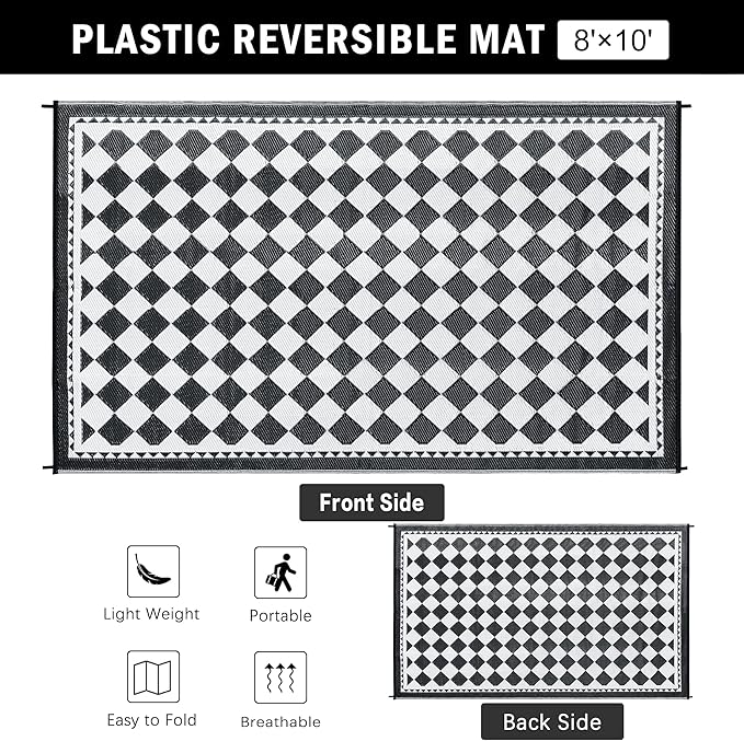 HUGEAR Outdoor Waterproof Rug 8'x10' Plastic Straw Rugs Washable Reversible Floor Mat Black/White Plaid Carpet for Camping RV Deck Entryance Porch Picnic Balcony Beach Backyard
