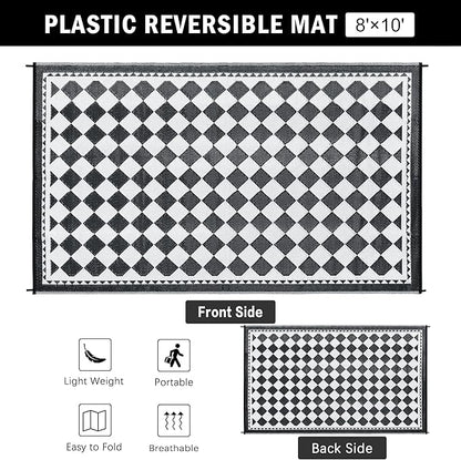 HUGEAR Outdoor Waterproof Rug 8'x10' Plastic Straw Rugs Washable Reversible Floor Mat Black/White Plaid Carpet for Camping RV Deck Entryance Porch Picnic Balcony Beach Backyard