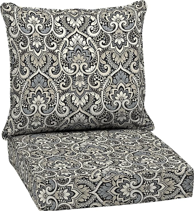 Arden Outdoor Deep Seat Cushion Set, 24 in x 24 in, Weather-Proof, Rain-Proof, Fade Resistant Patio Cushion for Chair, Sofa, and Couch Black Aurora Damask
