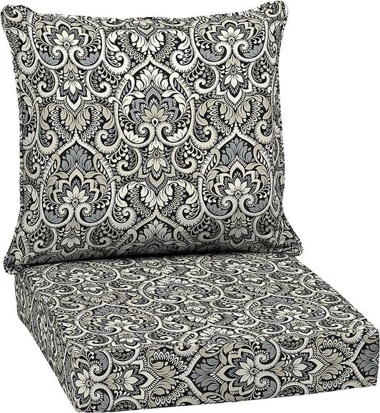 Arden Outdoor Deep Seat Cushion Set, 24 in x 24 in, Weather-Proof, Rain-Proof, Fade Resistant Patio Cushion for Chair, Sofa, and Couch Black Aurora Damask