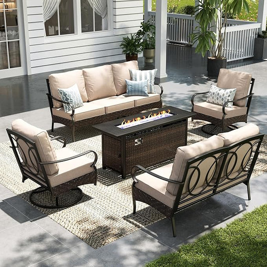 Sophia & William Patio Furniture Set with Fire Pit Table, 5 PCS Metal Outdoor Conversation Set with Fire Pit Table, 2 Swivel Chairs,1 Loveseat, 3-Seater Couch for Outdoor Seating, Backyard, Porch