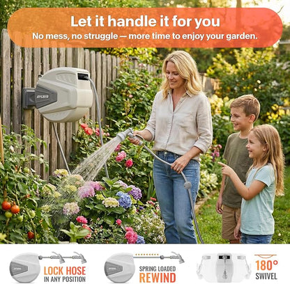 Ayleid Retractable Rubber Hybrid Garden Hose Reel, 1/2"x65ft Wall Mount | Anti-freeze, kink-free premium rubber hybrid hose, 24-month warranty, 9-pattern sprayer, any-length lock, slow auto-return.