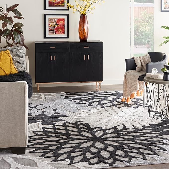 Nourison Aloha Indoor/Outdoor Black White 12' x 15' Area Rug, Tropical, Botanical, Easy Cleaning, Non Shedding, Bed Room, Living Room, Dining Room, Deck, Backyard, Patio (12x15)