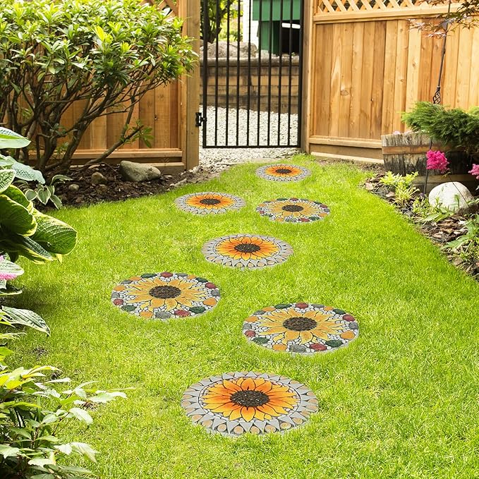 PINPON 3 Pack Gerbera Stepping Stones – 10 Inch Cement Garden Pavers with Colorful Pebble Border, Hand-Painted Outdoor Walkway Stones, Weather-Resistant Decorative Path Stones for Patio & Yard