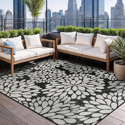 Beverly Rug Outdoor Rug 10x14 Modern Exotic Tropical Leaf Area Rugs for Indoor and Outdoor Patio Deck Porch Garden Water Resistant Washable Outside Carpet (10 x 14 Dark Gray)