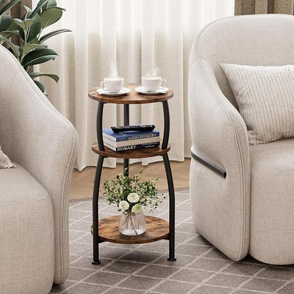 Small Round Side Table for Small Spaces, 3-Tier End Table with Storage Shelf, Slim Night Stand Sofa Corner Table for Living Room Bedroom, Patio and Corner, Rustic Brown