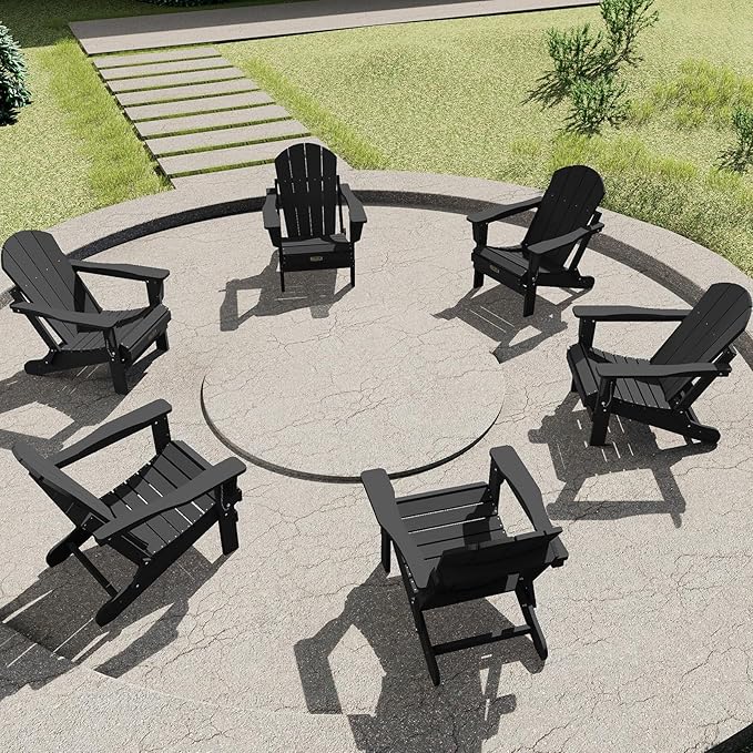 SERWALL Folding Adirondack Chairs Patio Chairs Lawn Chair Set of 6 Outdoor Adirondack Chair Weather Resistant for Patio Deck Garden, Backyard Deck, Fire Pit - Black