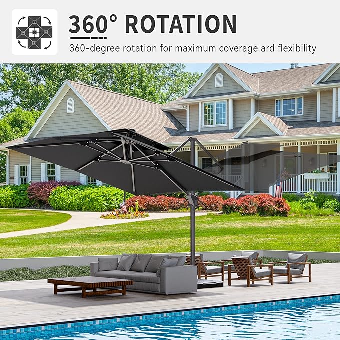 10' X 10' Cantilever Patio Umbrella Outdoor with Base Included Heavy Duty Double Top Windproof Square Offset Umbrellas with 360-degree Rotation for Pool Deck Backyard, Grey