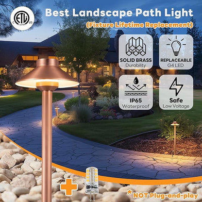 Gardenreet Low Voltage Landscape Sidewalk Lighting, Solid Brass Pathlights, LED Driveway Warm Light Waterproof, Hat Shaped 12V Wired Copper for Walkway Garden with 3W 270LM 3000K G4 Bulb (12 Pack)