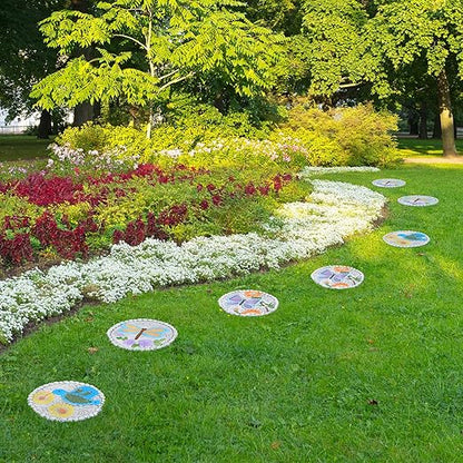 3 Pack Cement Stepping Stones Outdoor 10 Inch Round Garden Stepping Stones with Hand-Painted Flowers, Decorative Patio Pavers for Outside Walkway, Dragonfly Butterfly Garden Decor Hummingbird Gifts
